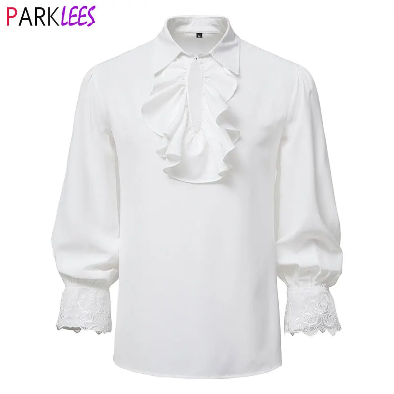 Mens White Ruffled Medieval Pirate Shirt Renaissance Victorian Steampunk Vampire Shirt Halloween Party Cosplay Costume Homme 2XL