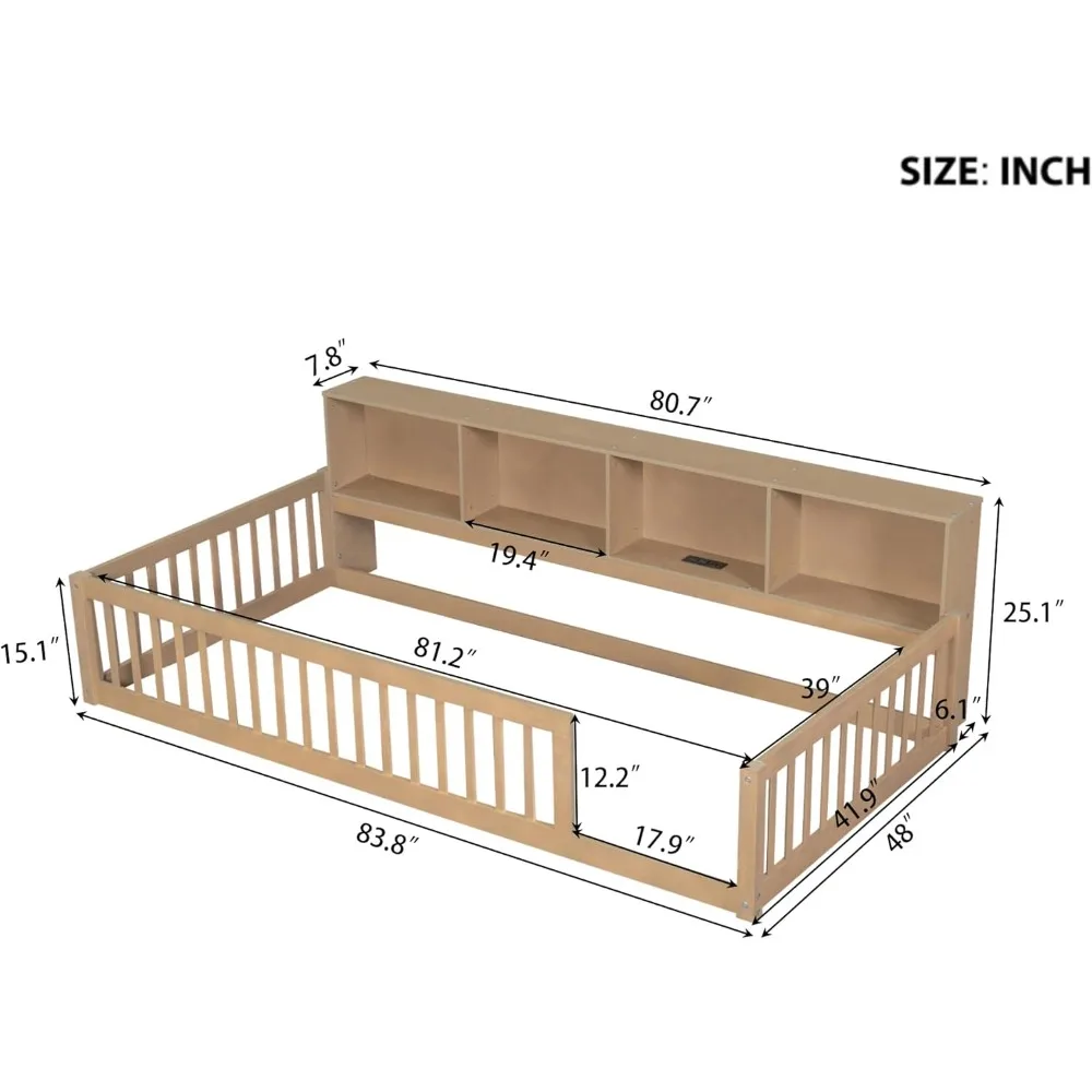 سرير مزدوج مقاس XL مع خزانة كتب بجانب السرير، وأرفف، ودرابزين، وسرير مونتيسوري من الخشب مع مساحة تخزين