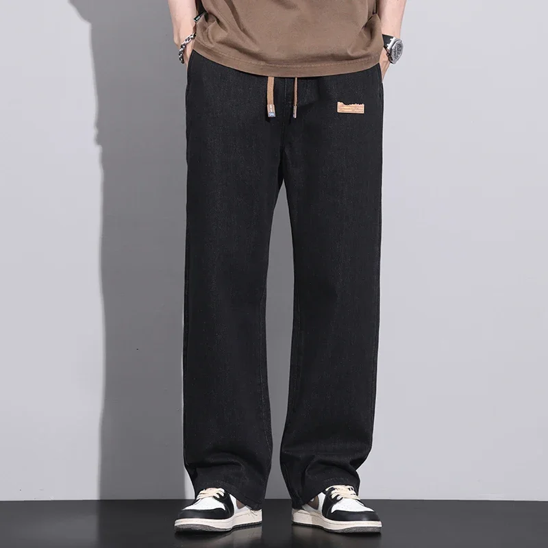 الرجال الأزرق الداكن الأزرق تمتد مرونة الخصر الدنيم السراويل الشارع الشهير فضفاض كامل طول السراويل مستقيم واسعة الساق الرباط الجينز #6