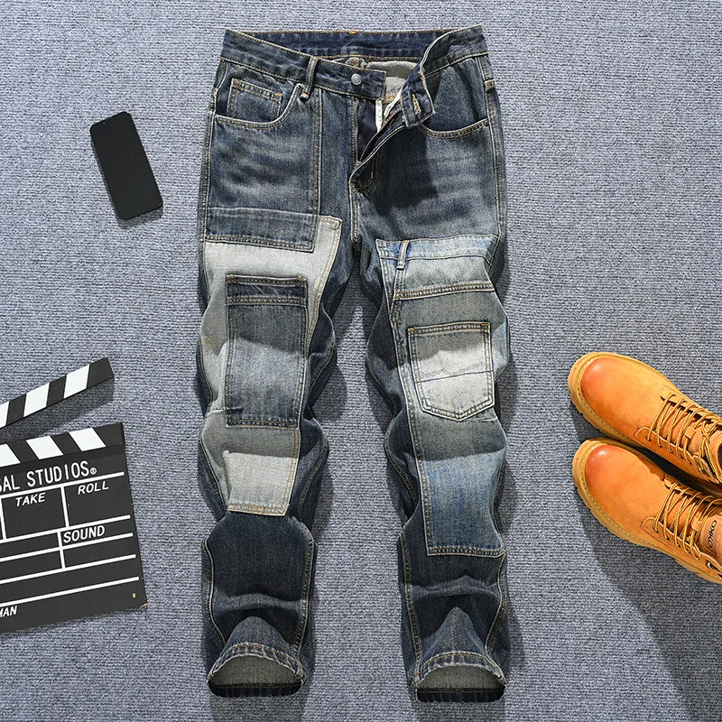 

Autumn fashion brand American retro loose straight leg jeans men's patchwork youth fashion multi pocket street washed pants