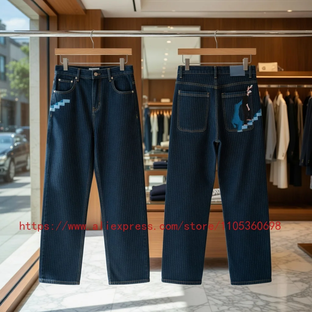 

DERSCHUTZE American Style Denim Jeans with Deep Blue Vertical Stripes, Embroidered Figures Trendy Casual Men's DERSCHUTZE Pants