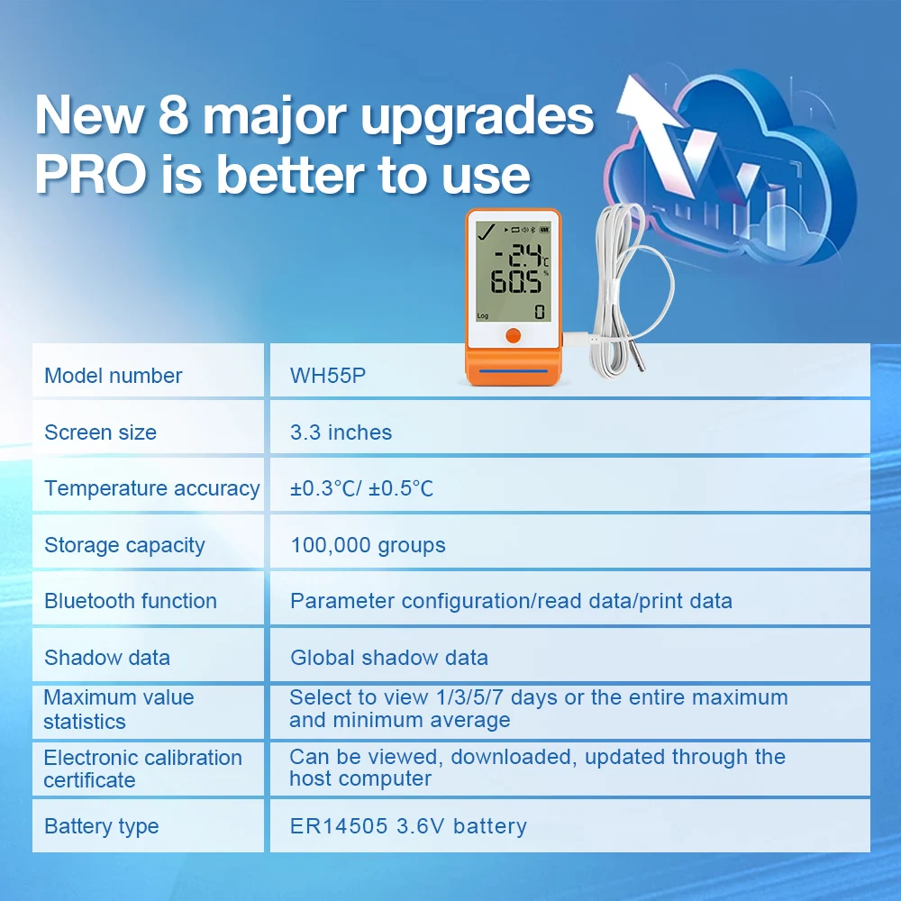 GSP-6Pro مسجل درجة الحرارة والرطوبة بلوتوث مسجل بيانات درجة الحرارة USB 100000   نقاط PDF/EXCEL/TXT للسلسلة الباردة