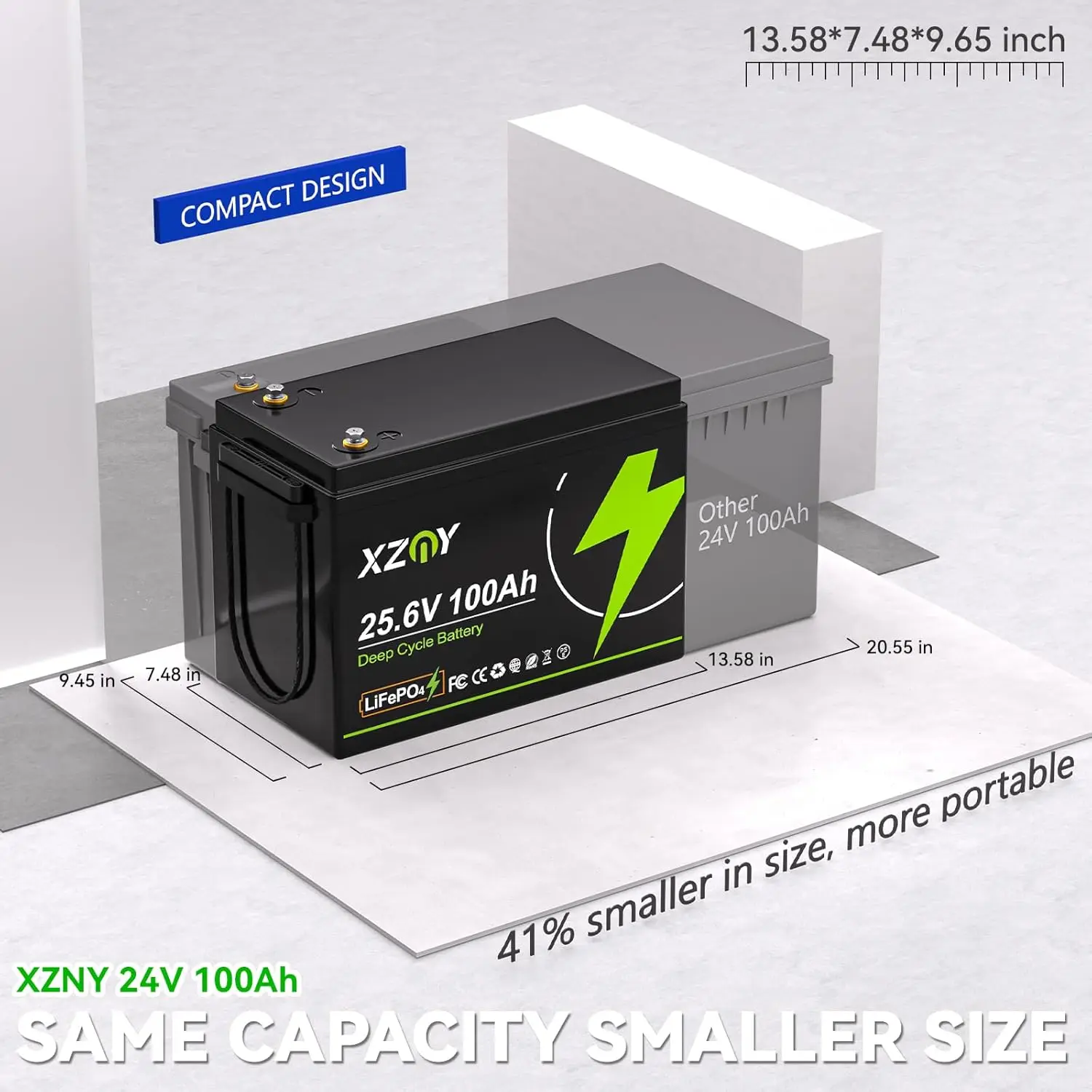 Compact 24V 100Ah LiFePO4 Lithium Battery Built-in 100A Low Temperature Protection BMS 5000+ Cycles 24V 100Ah LiFePO4 Battery