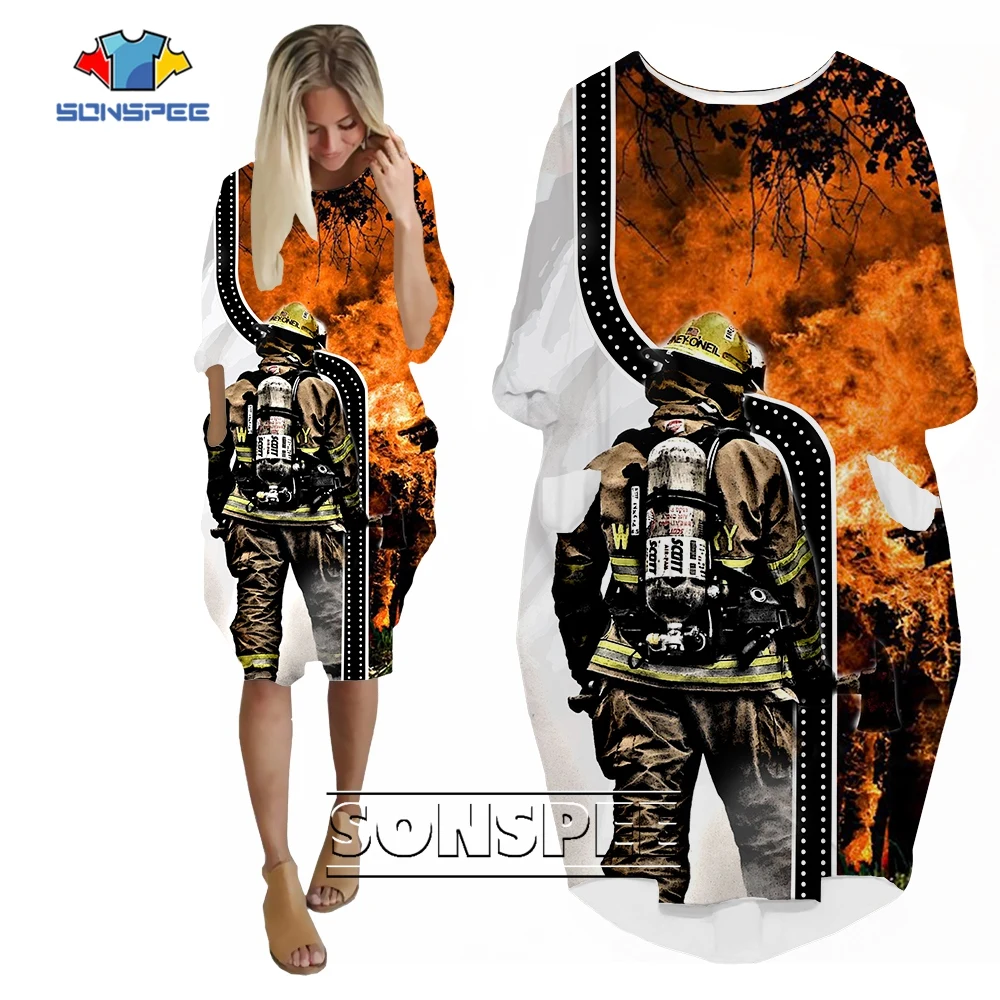 

SONSPEE Newest 3D Print Street Style Fire Fighting Hero Long Sleeve Dress Fireman Camouflage Harajuku Women Loose Streetwear