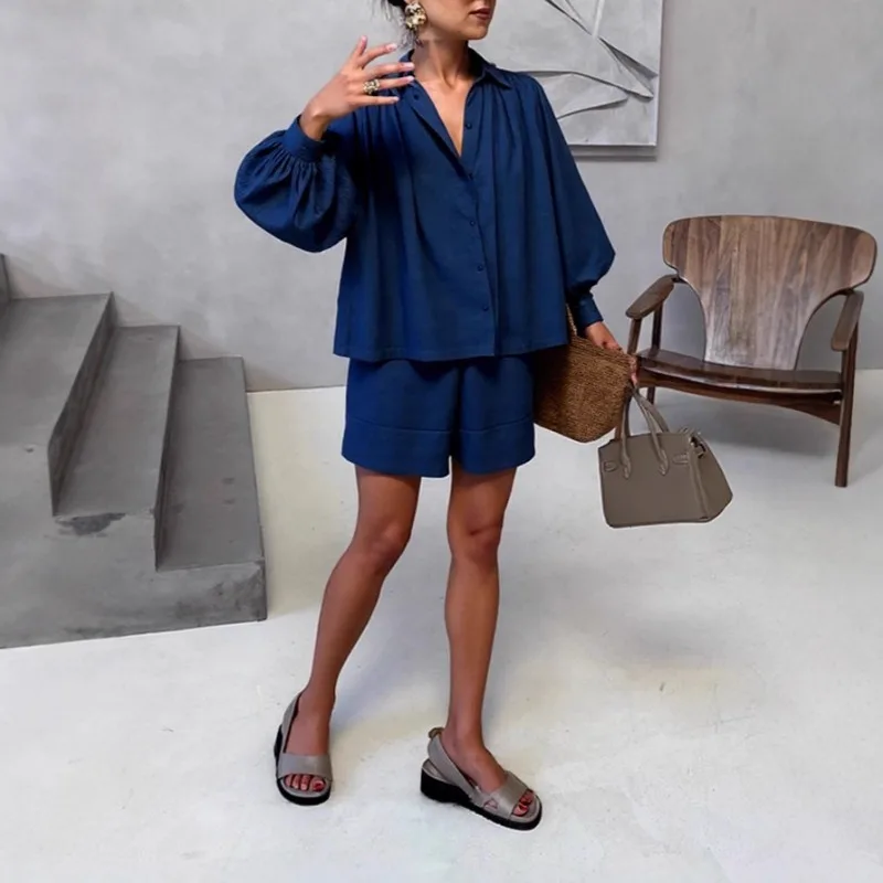 Women's Simple Commute Leisure Independent Ins Station Europe and United  Summer New Lantern Sleeves Shirt Shorts Two-piece Set