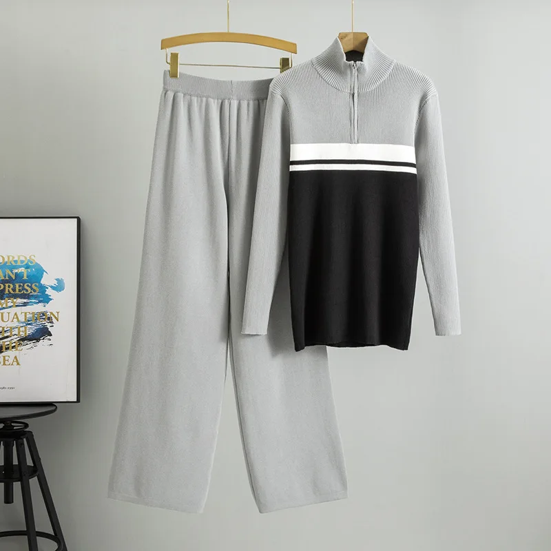 Abito musulmano in maglia da donna Set da due pezzi Pullover con cerniera collo alto Maglione lavorato a maglia Pantaloni a gamba larga Abiti Maglieria 2025 autunno