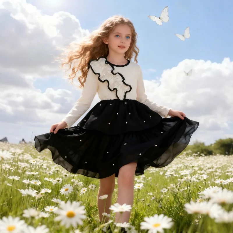 Girls Long Sleeve Dress 2026 Spring Lotus Leaf Edge Birthday Dresses for Kids Children Party Costume Toddler Dress Baby Clothing