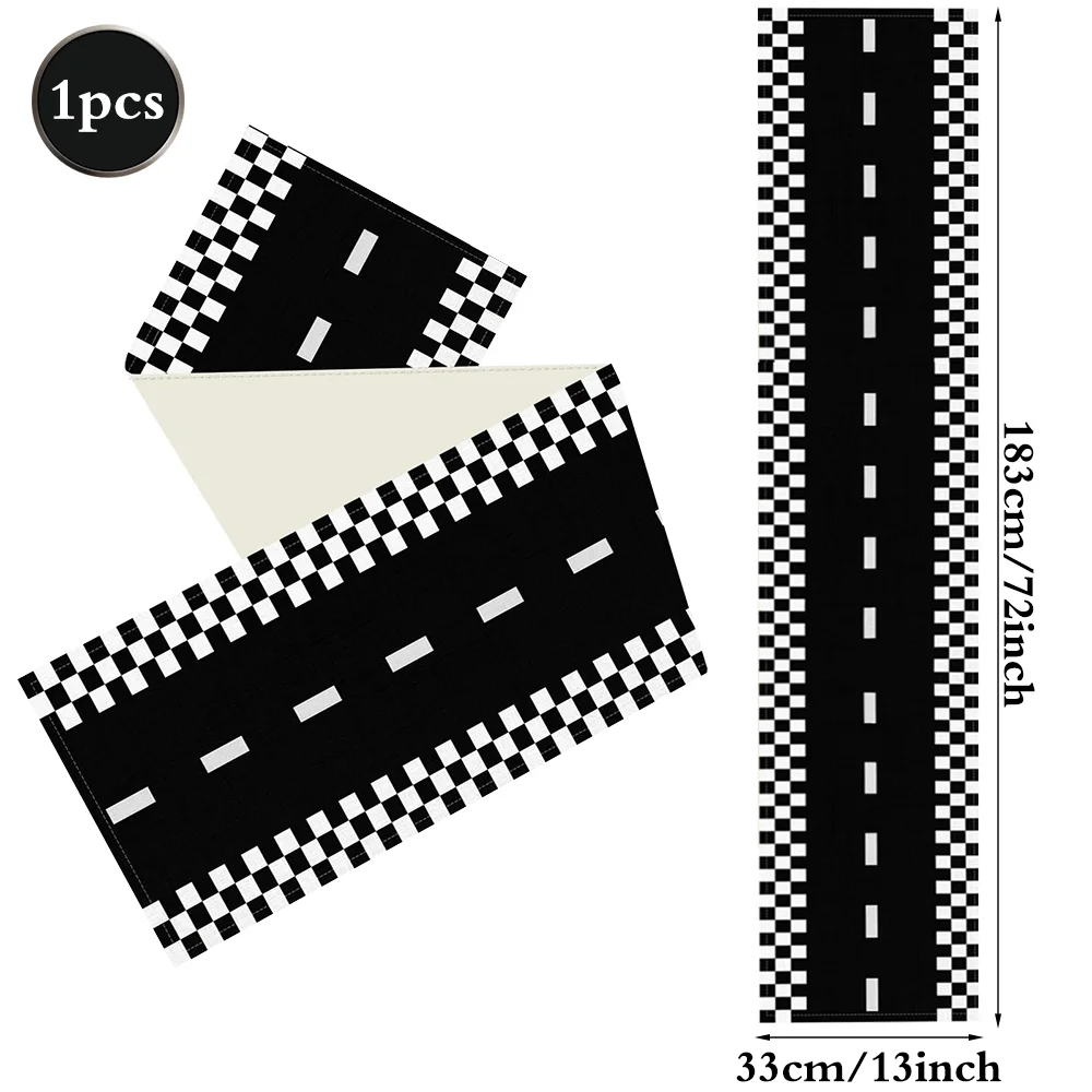 الكتان مضمار السباق الجدول عداء سباق السيارات أسود أبيض متقلب مفرش المائدة قابلة لإعادة الاستخدام سباق الطريق المسار الصبي زينة حفلة عيد ميلاد