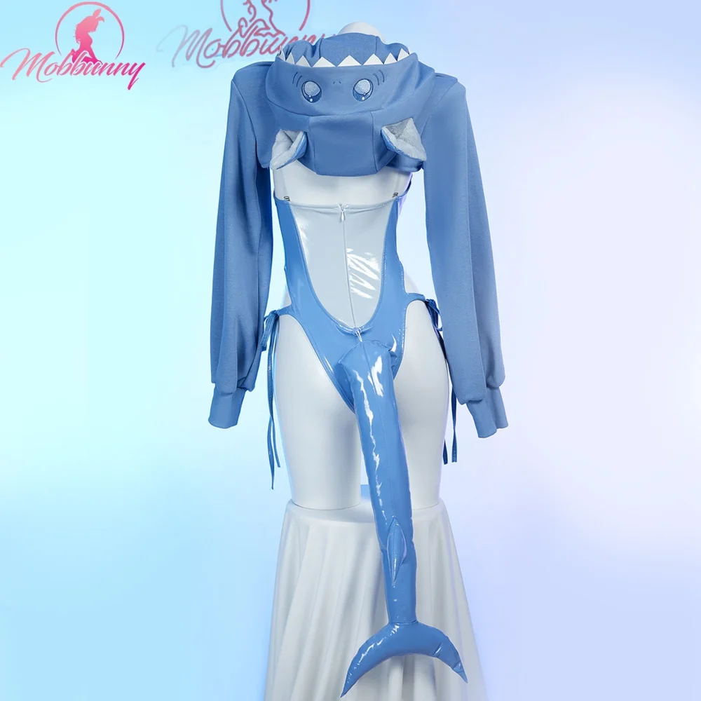 MOBBUNNY Dameslingerie Set Kawaii Cat Shark Uitsparing Body met Crop Hoodie en Staart Cosplay Kostuum