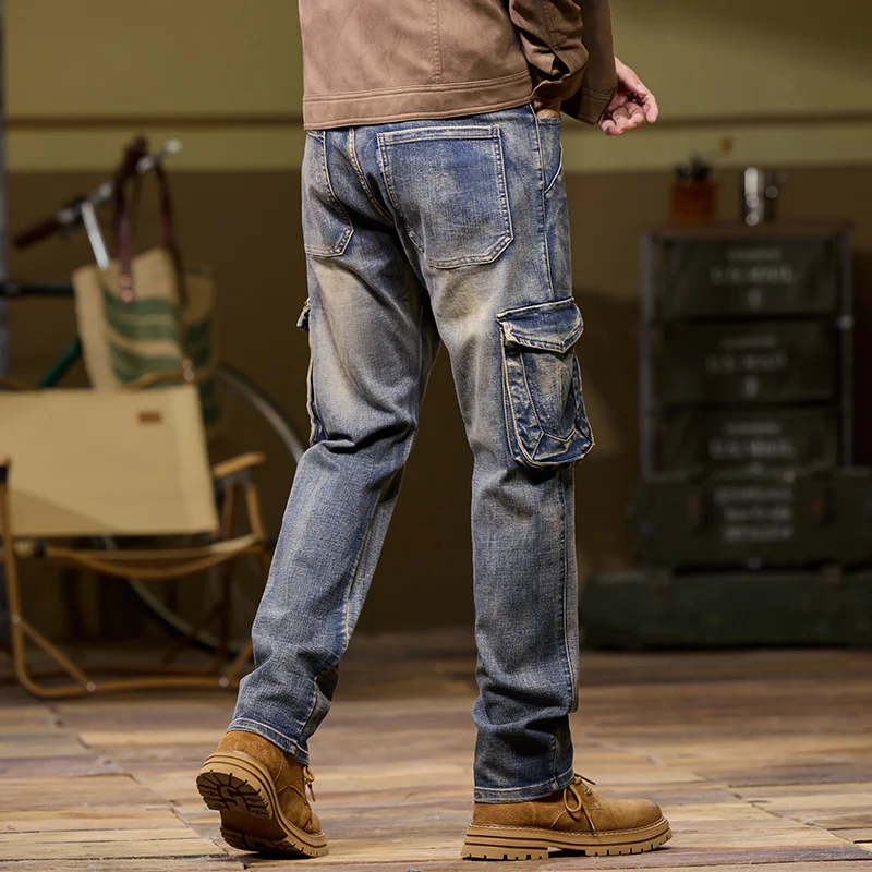 بنطال جينز رجالي متعدد الجيوب مستقيم نحيف مقاس كبير من قماش الدنيم النحيف للرجال جينز عالي الجودة 28-44