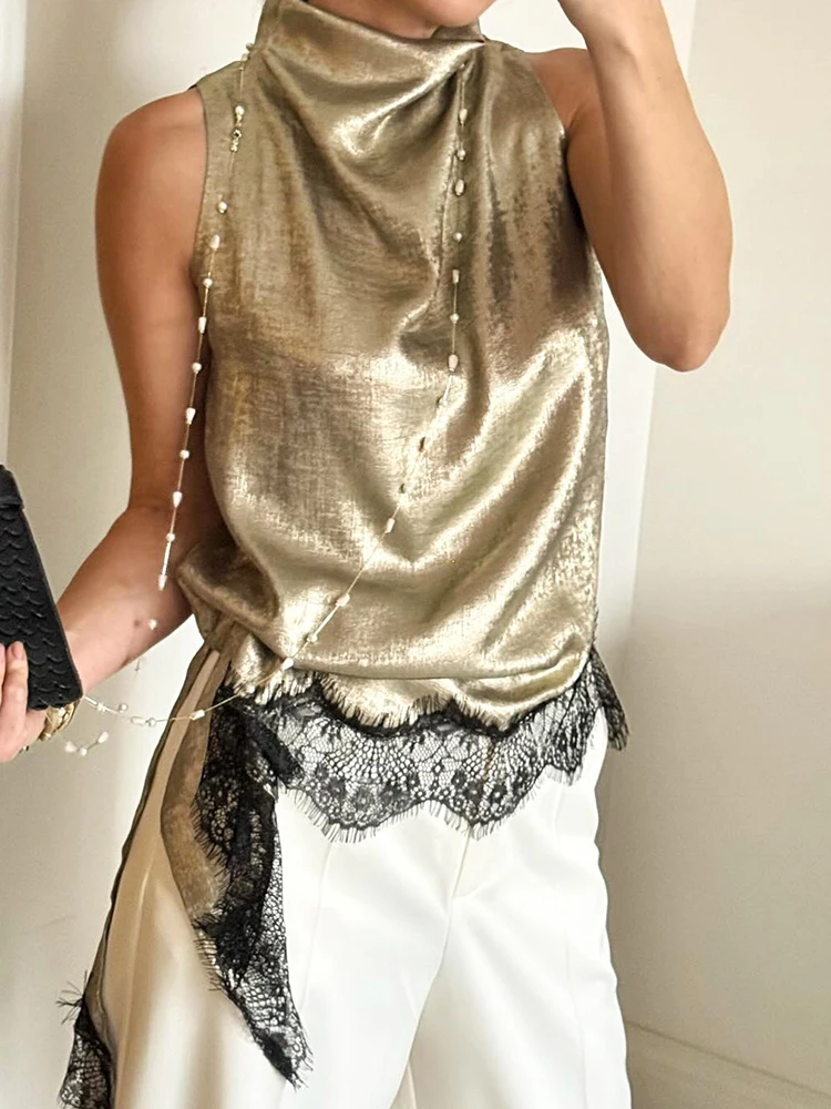 

Half High Collar Sexy Fashion Long Blouses, Women Spring Summer Sleeveless Simple Tops, 2026 Lace Patchwork Solid Ladies Shirts