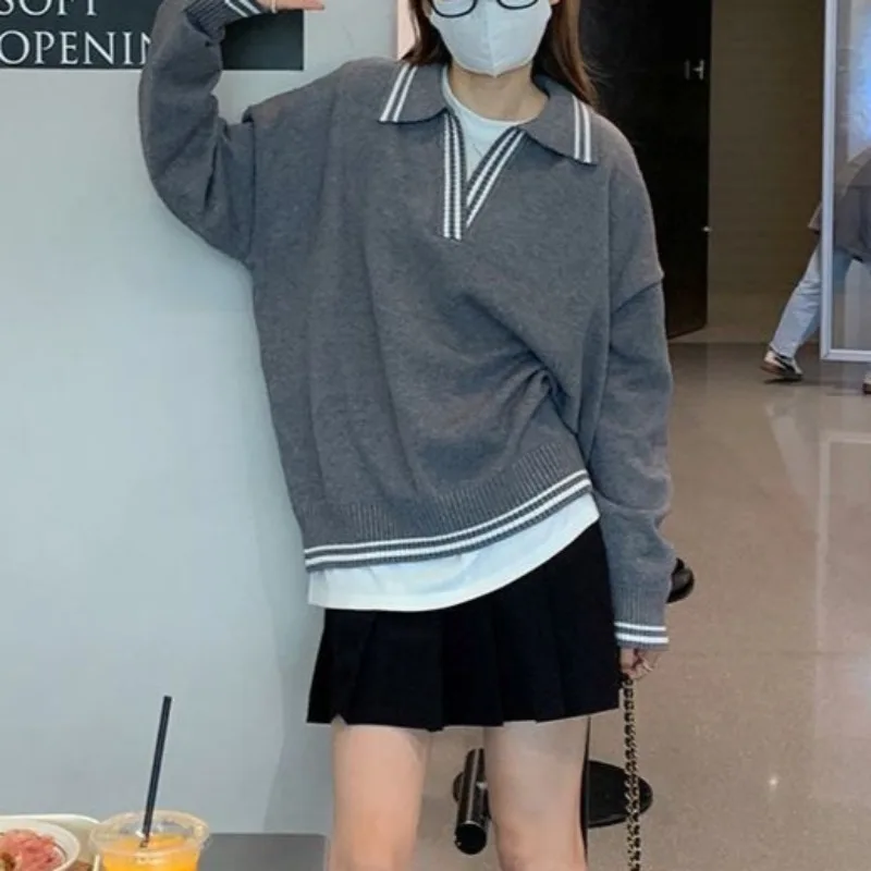 Deeptown Y2k Vintage Oversized Gray Sweaters Woman Harajuku Korean Style Jerseys Casual Japanese 2000s Knit Pullovers Autumn