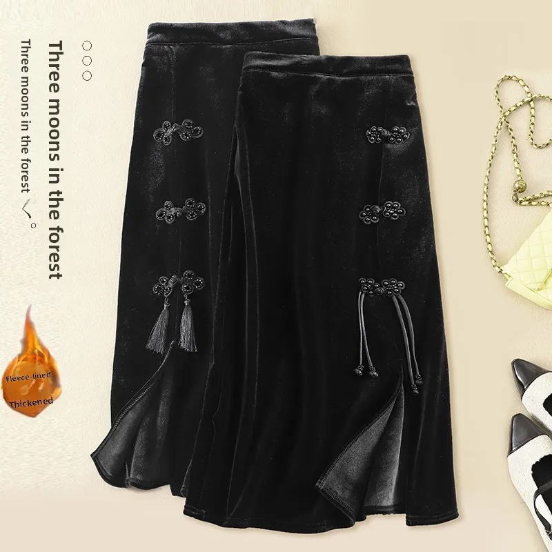 

Новая китайская золотая бархатная асимметричная юбка на подкладке, женская осенне-зимняя элитная юбка трапециевидной формы на пуговицах в стиле ретро