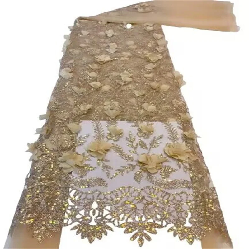 Tecido De Renda De Lantejoulas Francesas Para Vestido De Festa, Tule Africano, Flor 3D, Grânulos Nigerianos, Alta Qualidade, 5 Jardas