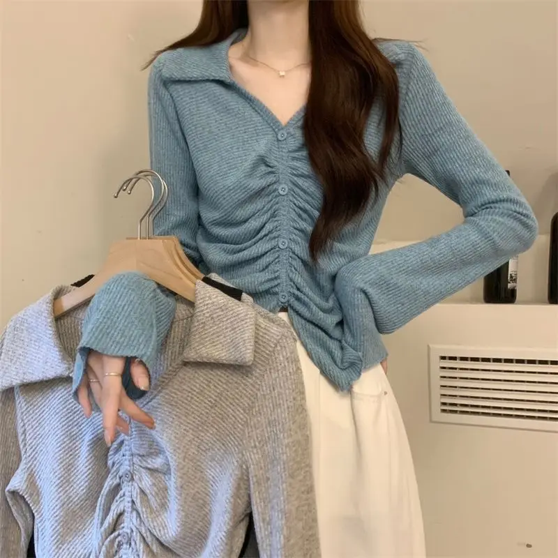 

Korean V-Neck Button T-shirt Spring Autumn Slim Fashion Folds Female Clothing Solid Color Basic Hotsweet Long Sleeve Pullovers