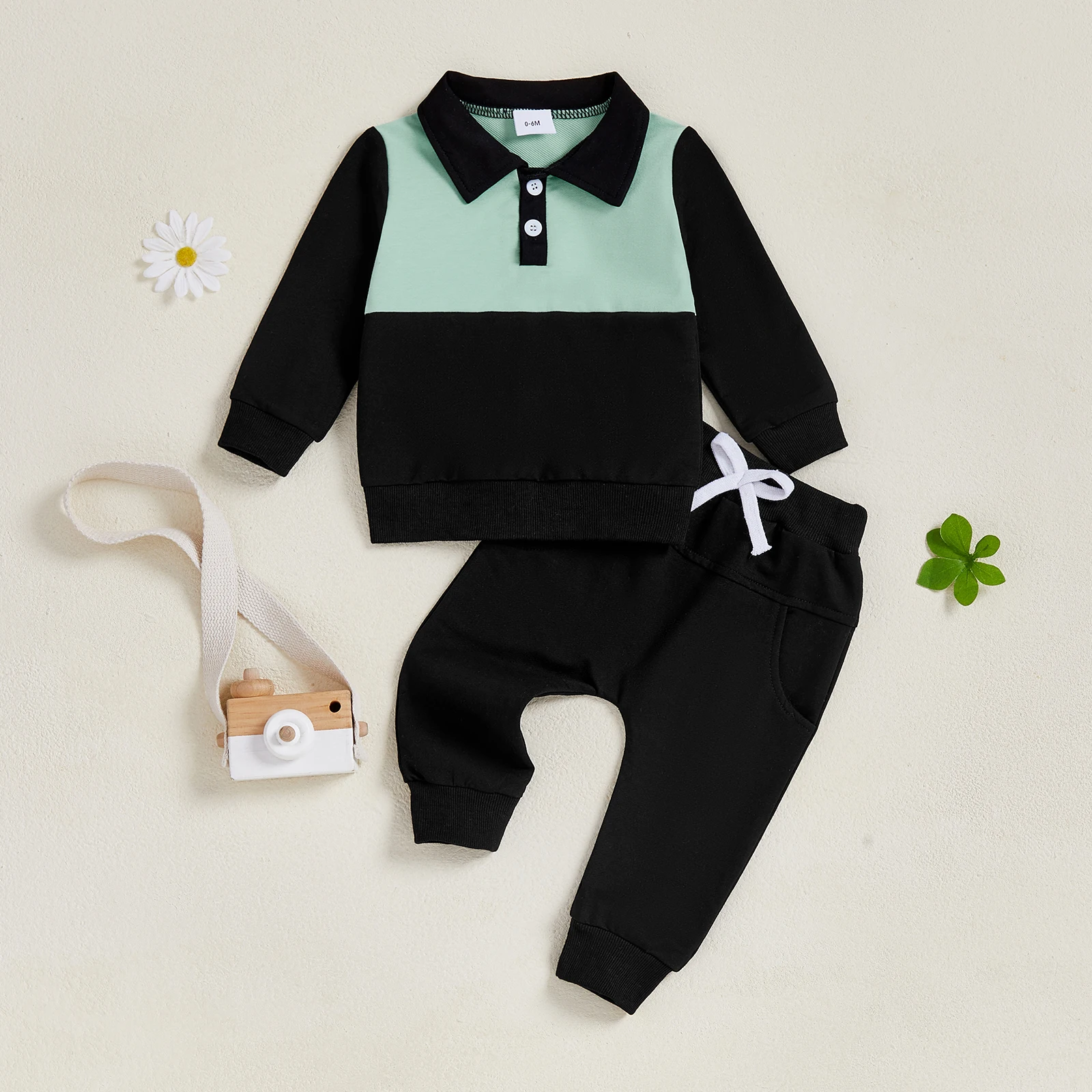 

Toddler Baby Boy Fall Winter Outfit Contrast Collared Long Sleeve Sweatshirt Solid Elastic Waist Pants Set