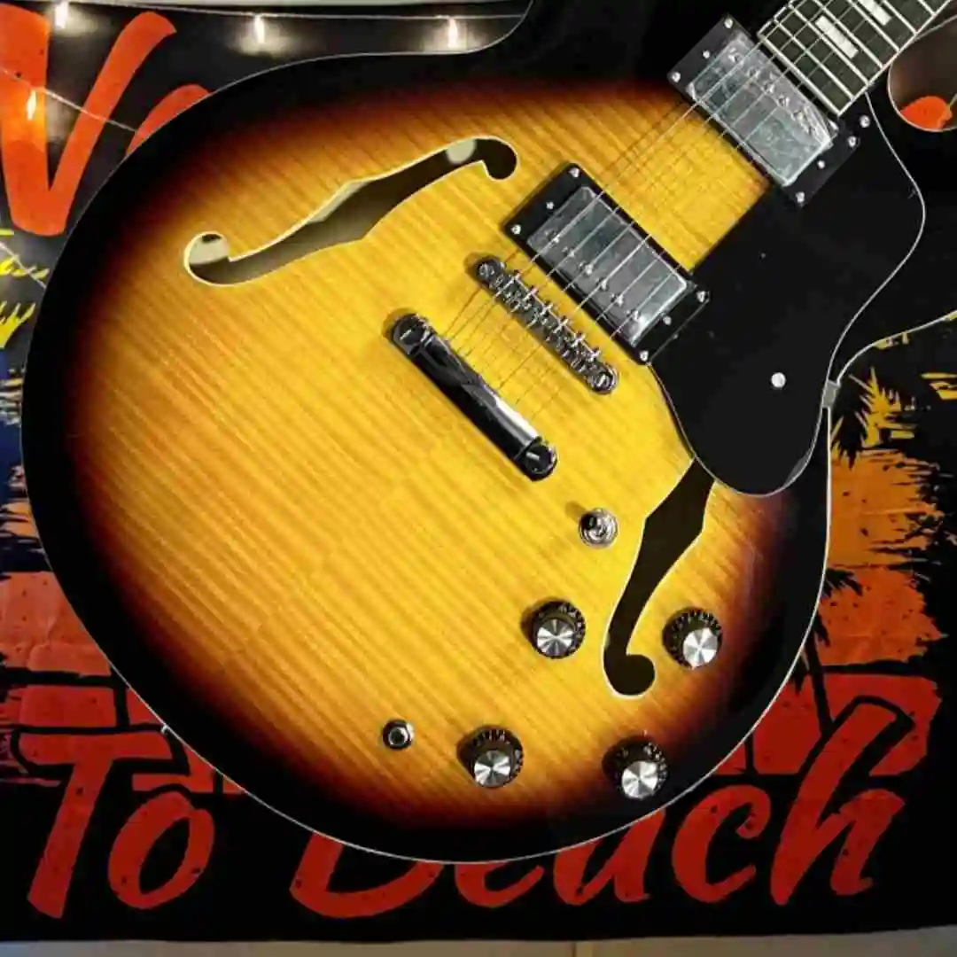 335 Electric Guitar HH Pickup Sunset Tiger Pattern Maple Veneer Semi Hollow F-hole Jazz Blues Musician Preferred 22 Tone