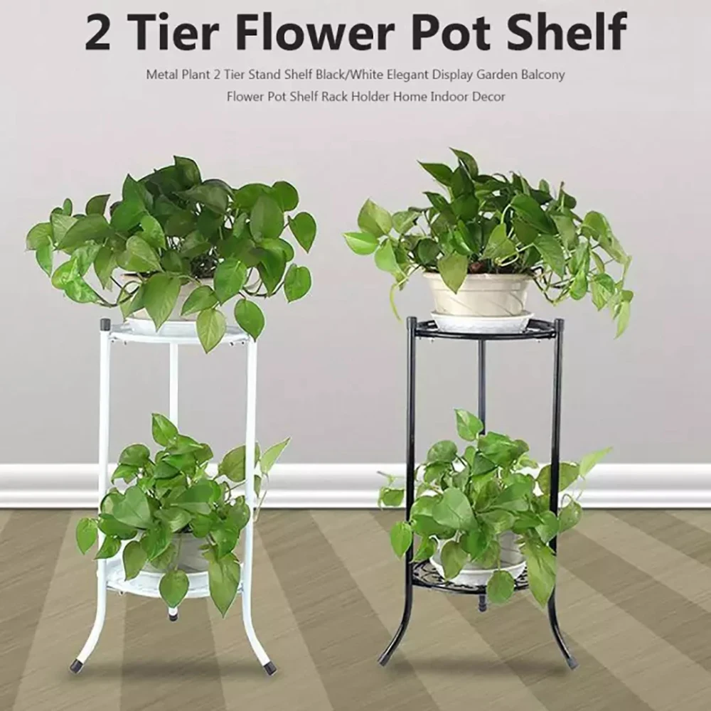 Two-Layer Elegant Metal Plant Stand Shelf Potted Plant Holder Modern Tall Plant Pot Stands for Indoor Outdoor Decor A