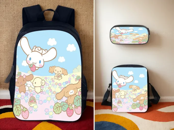 

Little Boy Girl Trendy Schoolbag 3 in 1 Set-Backpack+Side Bag+Pen Case,Cinnamoroll Cute Bookbag for Elementary School