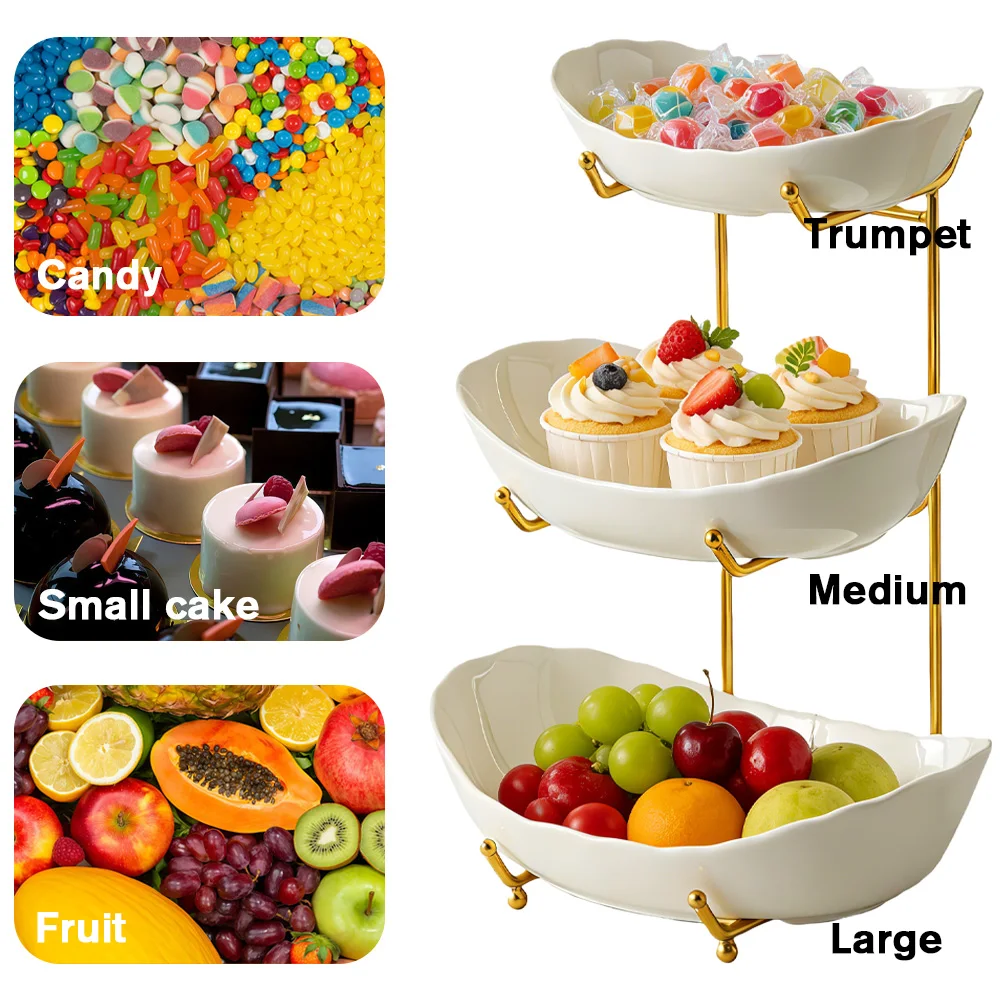 

3 Tier Ceramics Fruit Plate Fruit Bowl Basket Creative Snack Dish Cake Stand for Home Living Room Party Decor