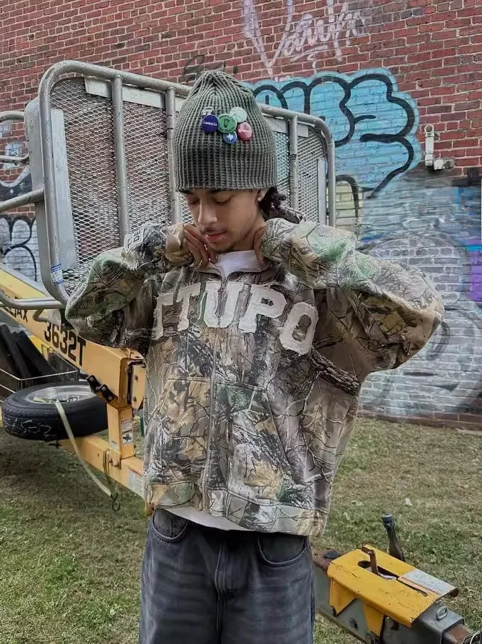 

American Street Sle Camouflage Hooded Zipper Jaet Men Loose Faion Outerwear Long Sve round Ne Side ket Jaet