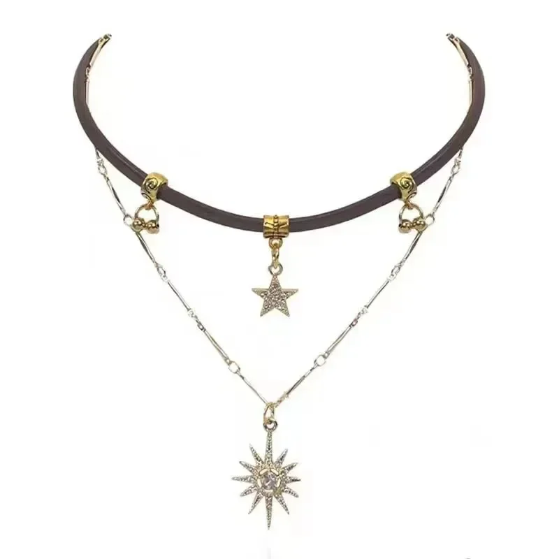 Retro Punk Personality Non-mainstream Hot Girl Niche design sense Brown The sun Double layer Alloy Leather  Clavicle chain