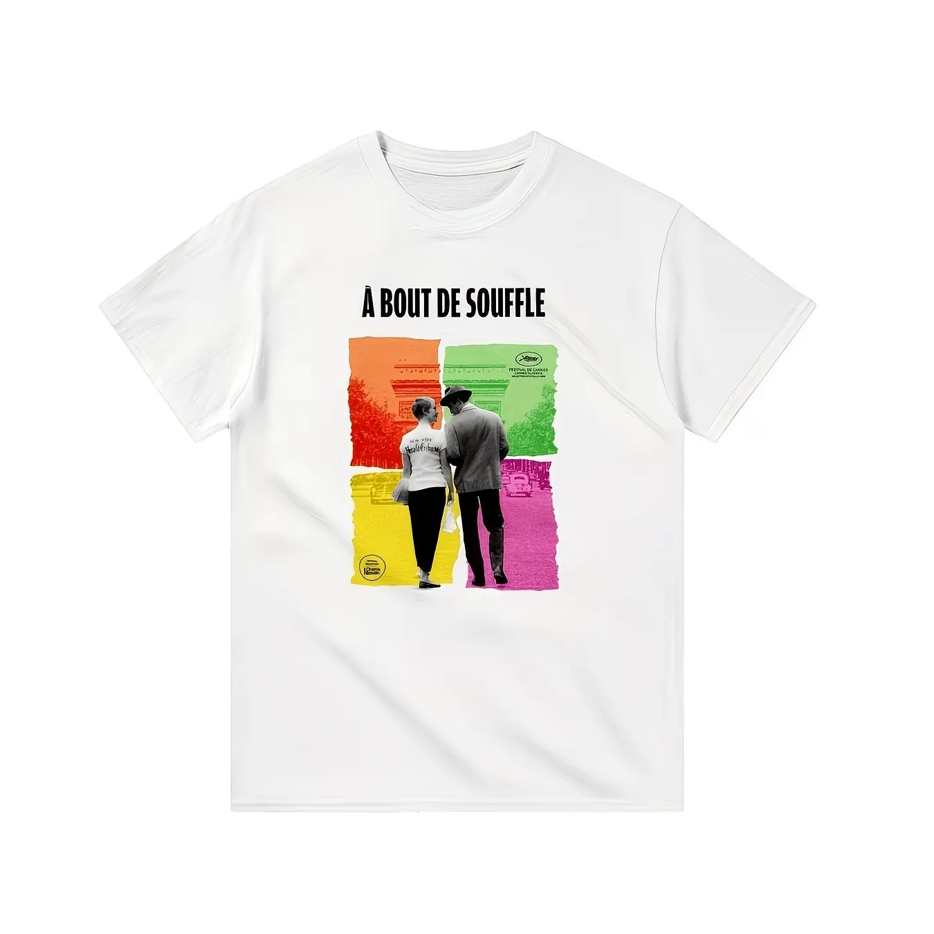 Vintage Jean-Luc Godard'S Breathless Movie T-Shirt Showcasing French Wave Film Print Featuring Portraits of Jean-Paul Belmondo