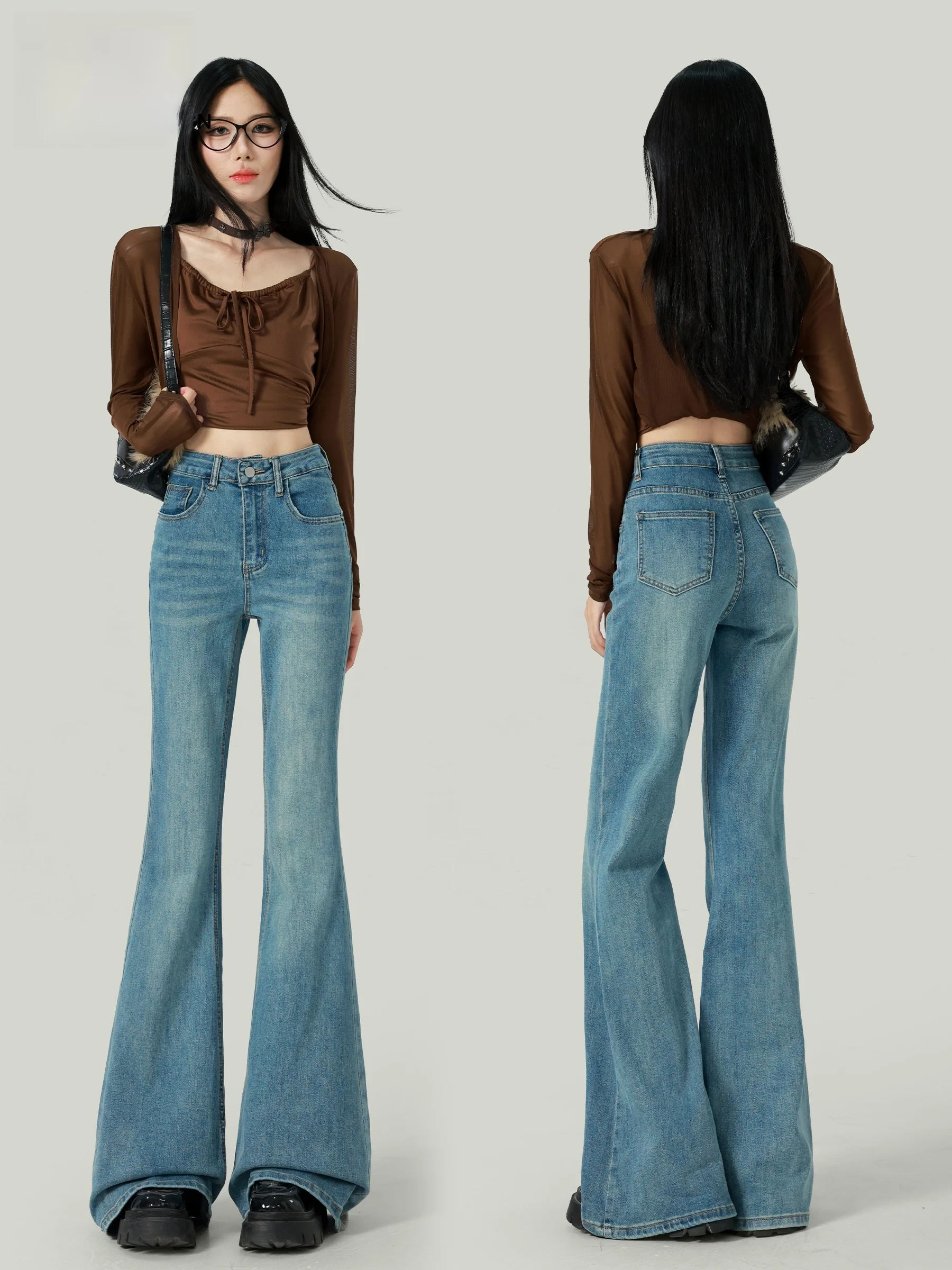

High Waist Bell Bottom Jeans Women's Light Blue Stretchy Slimming Floor Length Casual Style Button Closure Denim Pants
