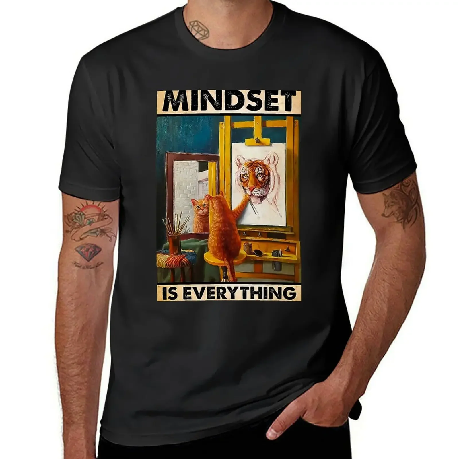 Painting Cat Mindset Is Everything T-shirt Cute Tops Clothes For Men heavyweight fashion Round Neck manga vintage anime clothes