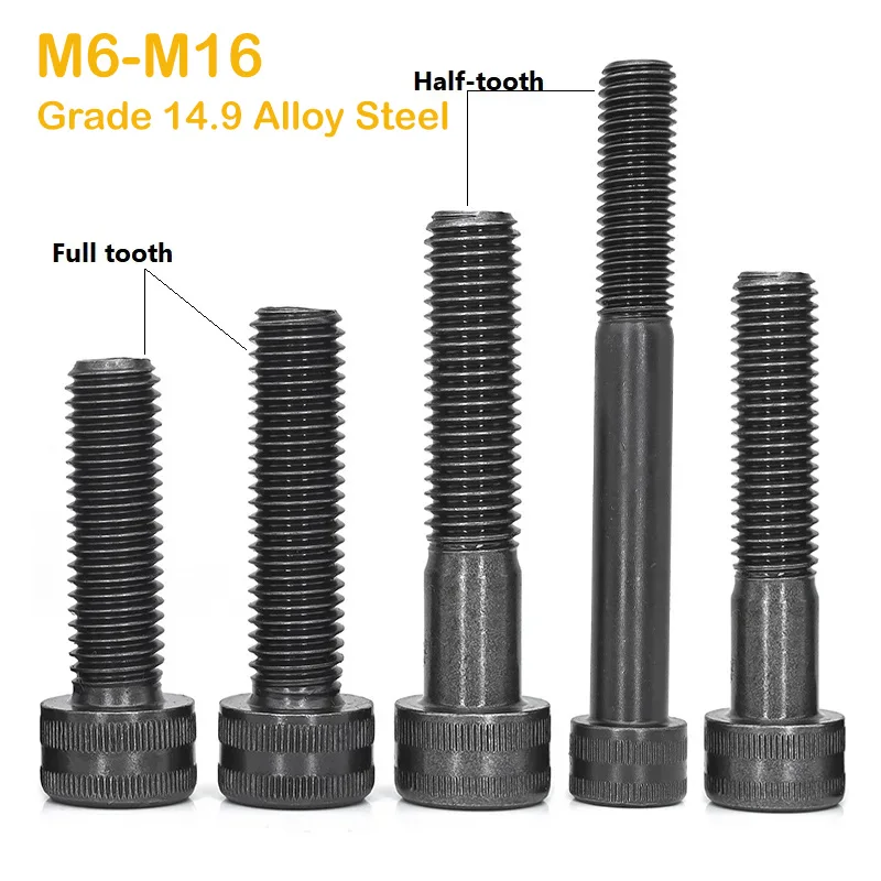1-5pc Black Extension Bolts Grade 14.9 High Strength Alloy Steel M6 M8 M10 M12 M14 M16 Hexagon Socket Cylindrical Head Cap Screw
