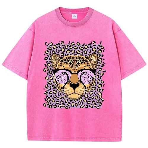Imagen 2 del producto Camisetas Vintage de lavado ácido para hombre y mujer, camisetas con estampado de dibujos animados de leopardo, ropa femenina de manga corta de gran tamaño de algodón con cuello redondo