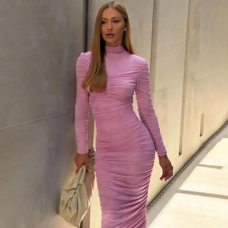 

High Collar Pleated Net Women's Evening Dress Long Sleeve High Waist Bandage Gown Pink Black Party Skirt New Arrival In Stock