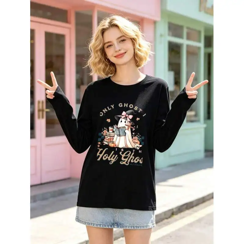 Women's Crew Neck Long Sleeve T-Shirt Soft Basic Top Spring Fall Casual Streetwear Holy Ghost Print
