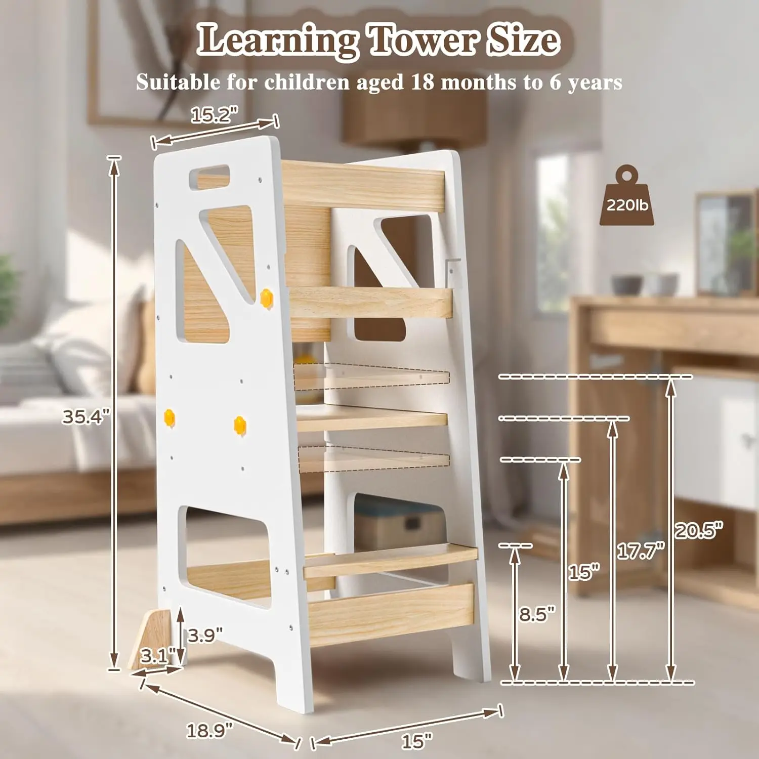 Adjustable Toddler Standing Tower – Complete Toddler Stool Helper with Safety Rail – Ideal Kids Learning Step Stool for Cooking,