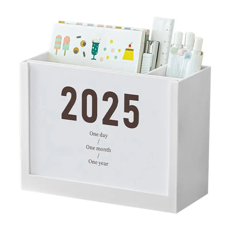 Potloodhouder met kalender Potloodpot 2025 Kalenderorganisator Desktop Organizer Make-upborstelstandaard voor thuis Woonkamer Café