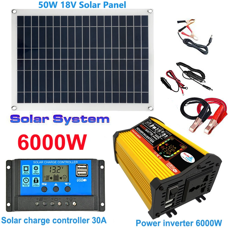 

12V to 110V/220V Solar Power System 50W Solar Panel 6000W Modified Sine Inverter 30A Charge Controller Kit Power Generation Kit