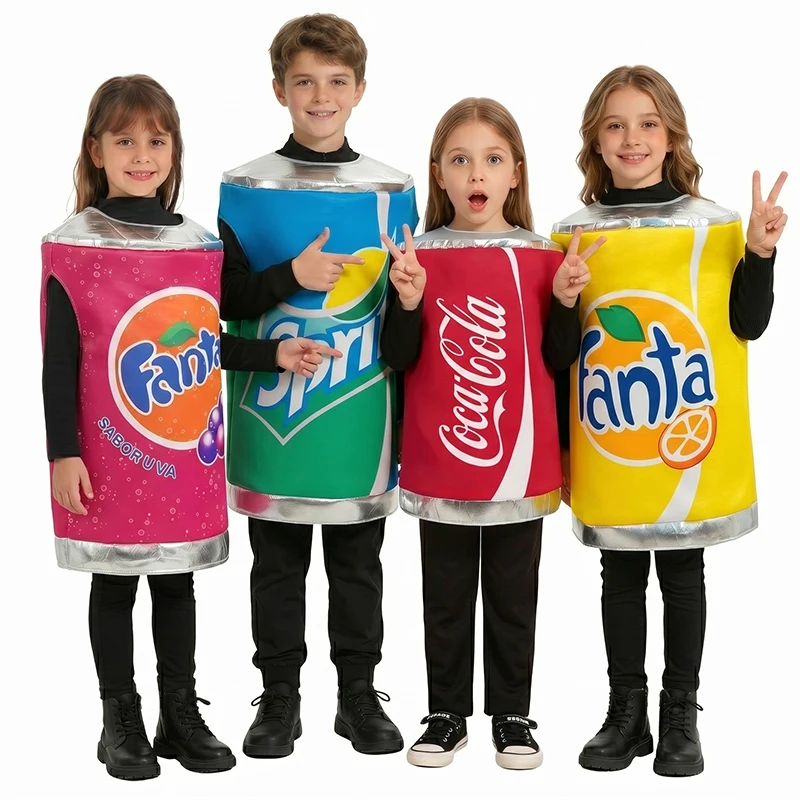 Disfraz unisex de jugo de naranja/granada para niños y niñas, disfraz de lata de refresco suave para Halloween