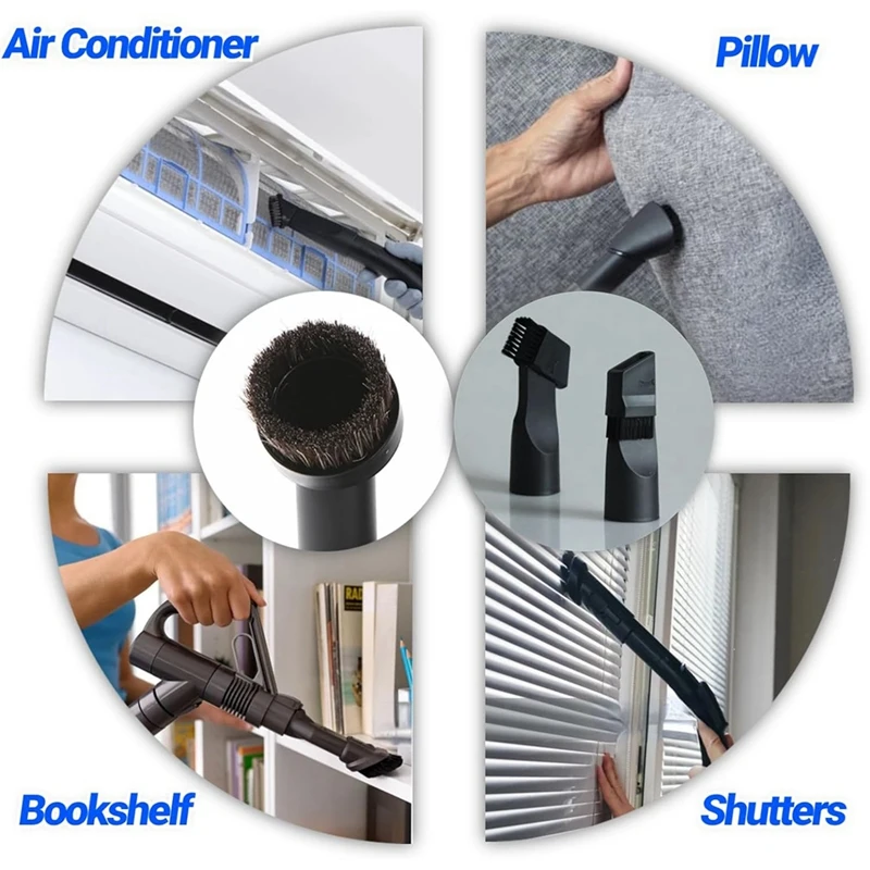 7Pcs Vacuum Brush Attachment & Adapter 1.25 Inch Soft Horsehair Round Brush Vacuum Floor Brush Upholstery Tool Durable