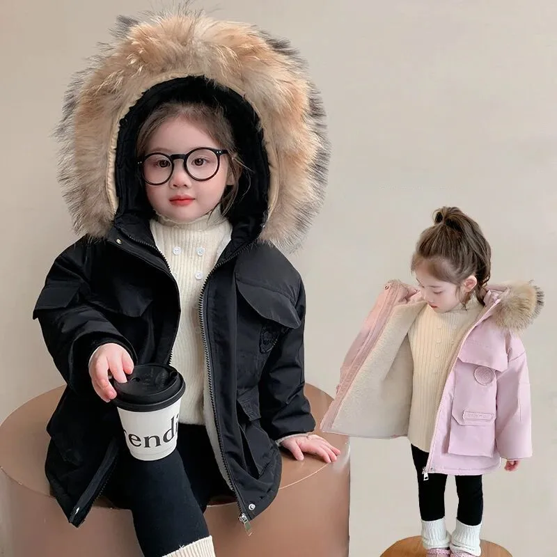 

Children's Winter Cotton Jacket New Girls Thickened and Velvet Warm Coat Large Wool Collar Parka