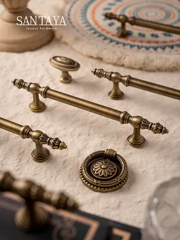 Santaya Antique Brass Kitchen Cabinet Handle European Style Vintage Luxury Bronze Pull Furniture Wardrobe Drawer Knob