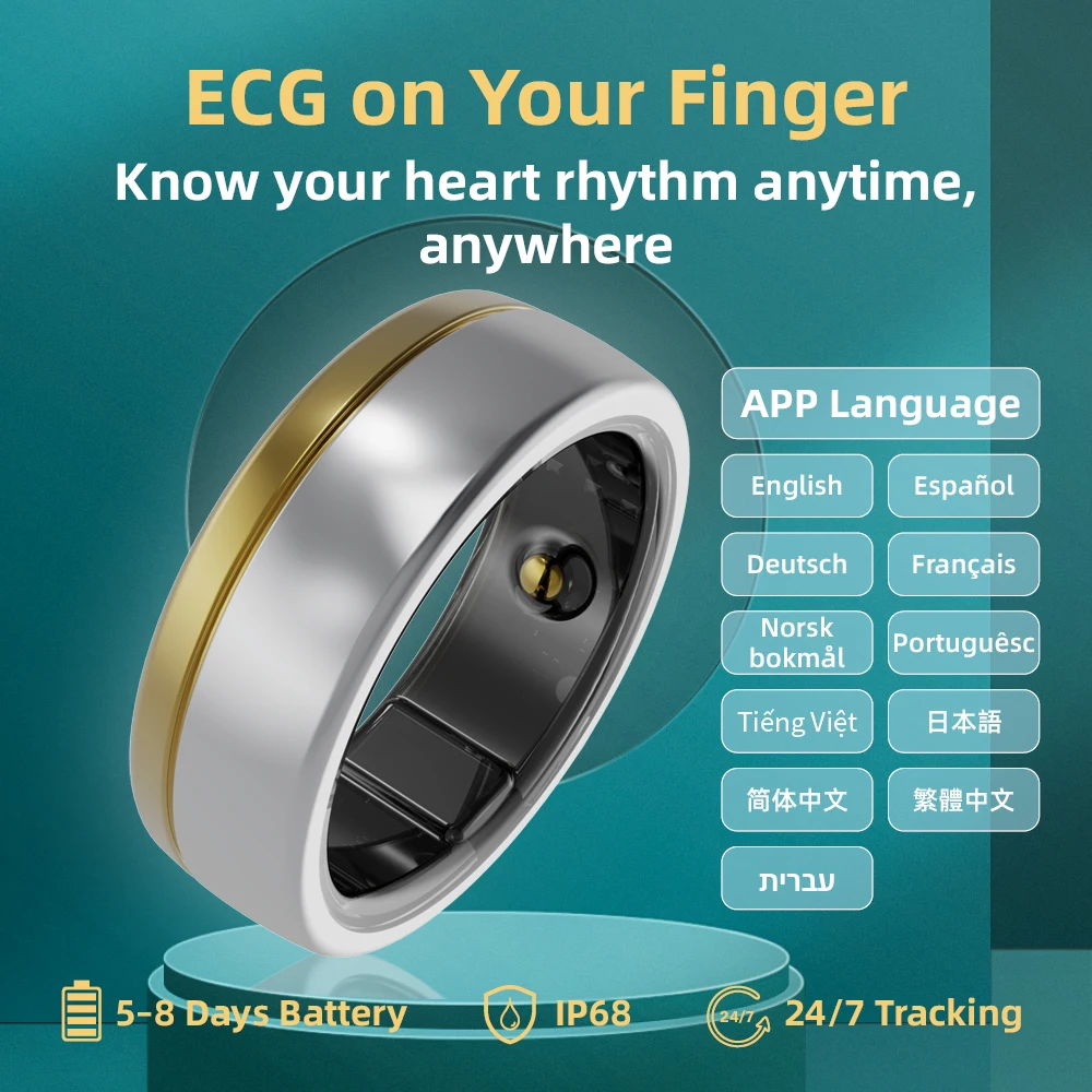 Smart Ring with ECG Function, Blood Pressure Heart Rate Body Temperature Monitoring, Activity Tracker IP68 5-8 Day Battery Gift