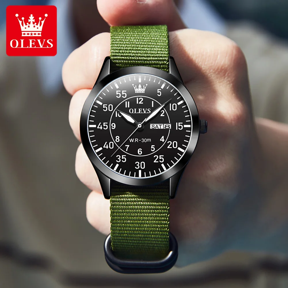 

OLEVS New Luxury Quartz Watch Sports Military Waterproof Male Clock Luminous Date Green Nylon Strap Men Watch Reloj Hombre