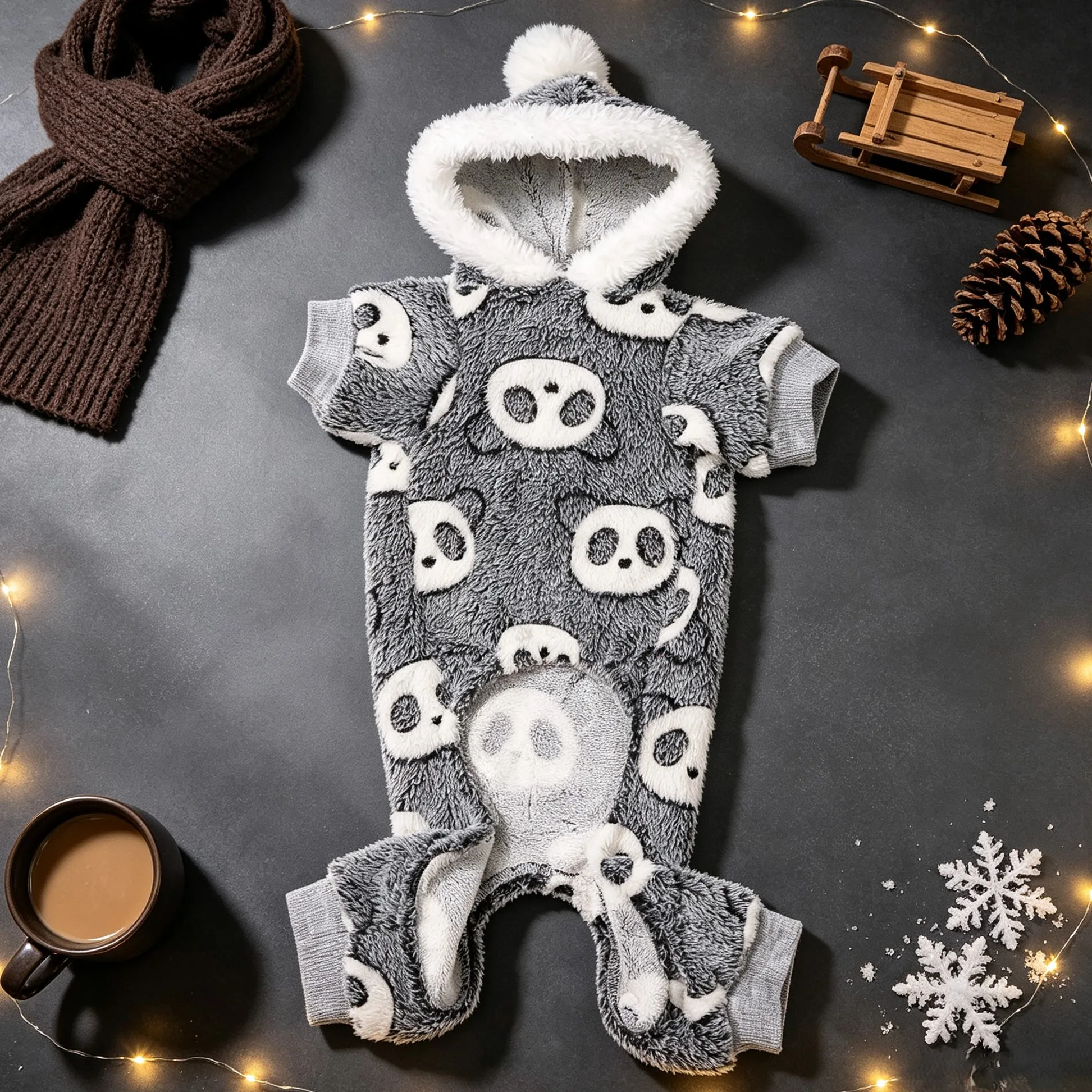 Hundeanzug mit Kapuze und vier Beinen, Plüschballmütze mit Panda-Motiv, weicher und bequemer, dicker Herbst- und Winter-Pyjama. – Detail 7