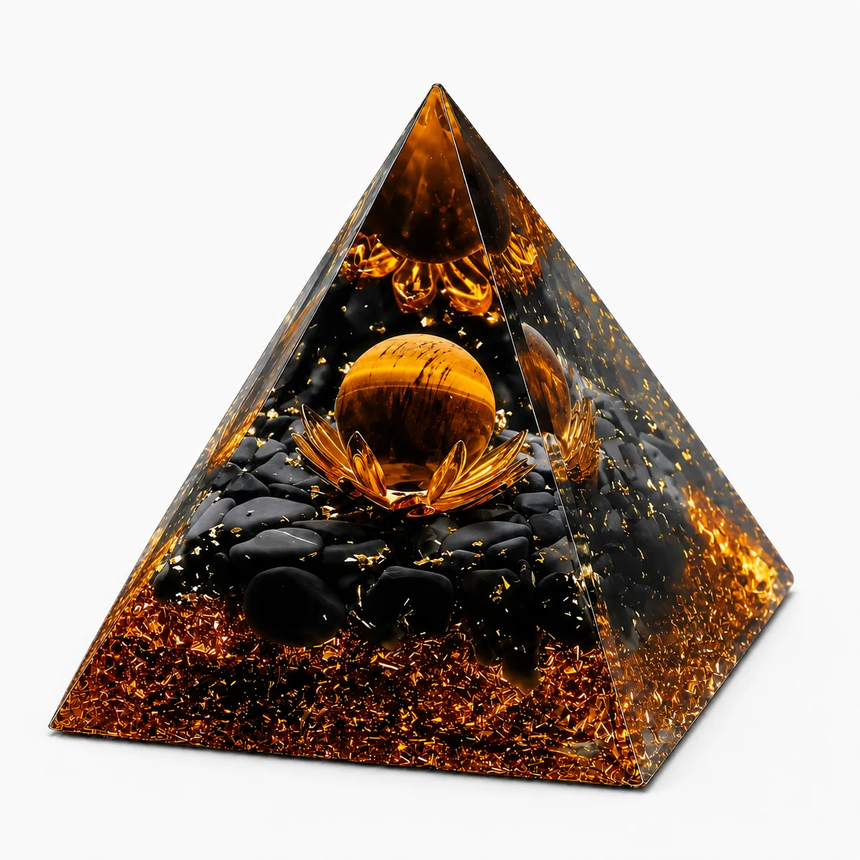 Orgonite Pyramid Black Rutilated Quartz Sphere Golden Lotus Reiki Chakra Healing Meditation Home Desk Decor Resin Craft Gift