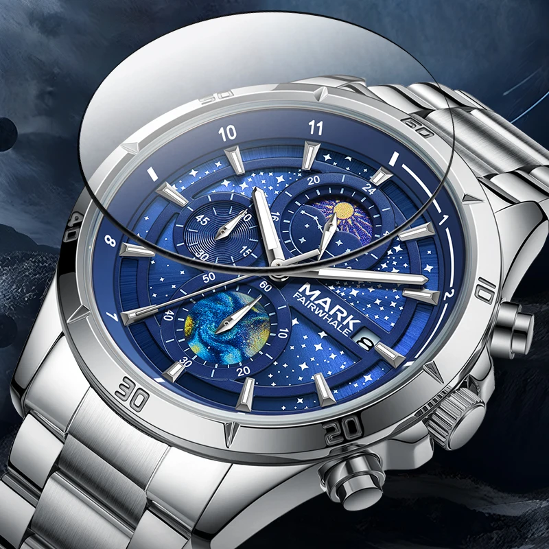 

Мужские кварцевые наручные часы Mark Fairwhale 5022, картина маслом, звездное небо, дизайн, светящиеся часы из нержавеющей стали, календарь, водонепроницаемые