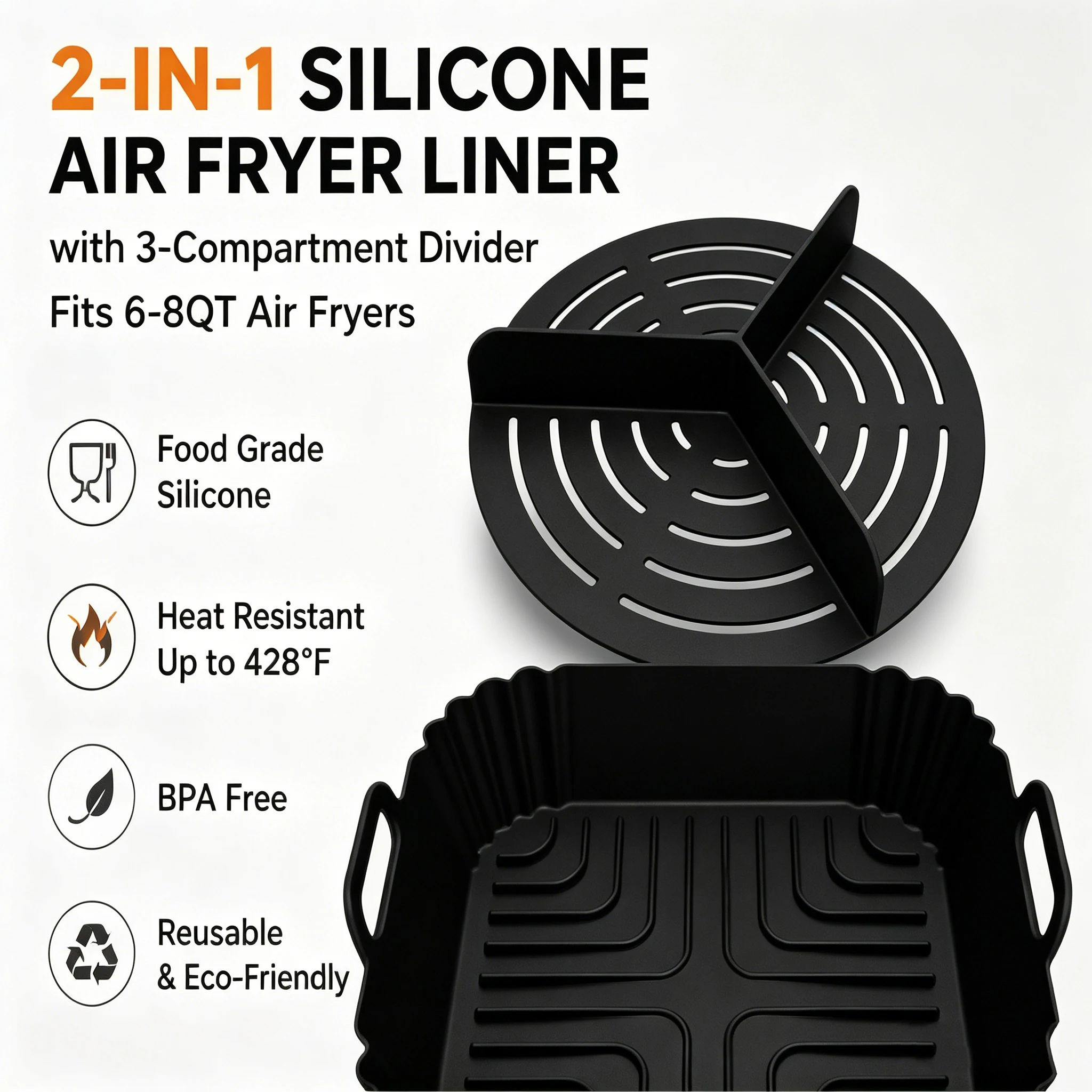 2-in-1 Silicone Air Fryer Liner with 3-Compartment Divider Reusable Non-Stick Air Fryer Cook Different Dishes Non-Stick Kitchen