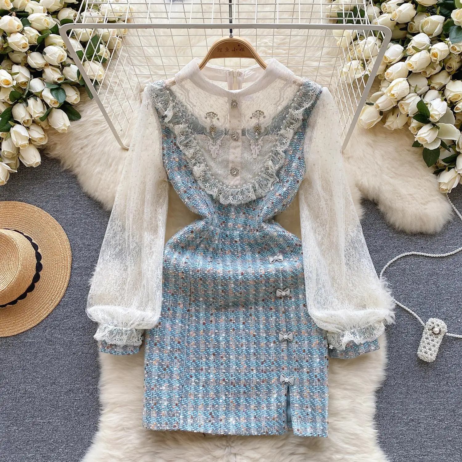 

Autumn Lace Patchwork Beaded Elegant Tweed Dress For Women Lapel Long Sleeve High Waist Woolen Dress Female Clothing