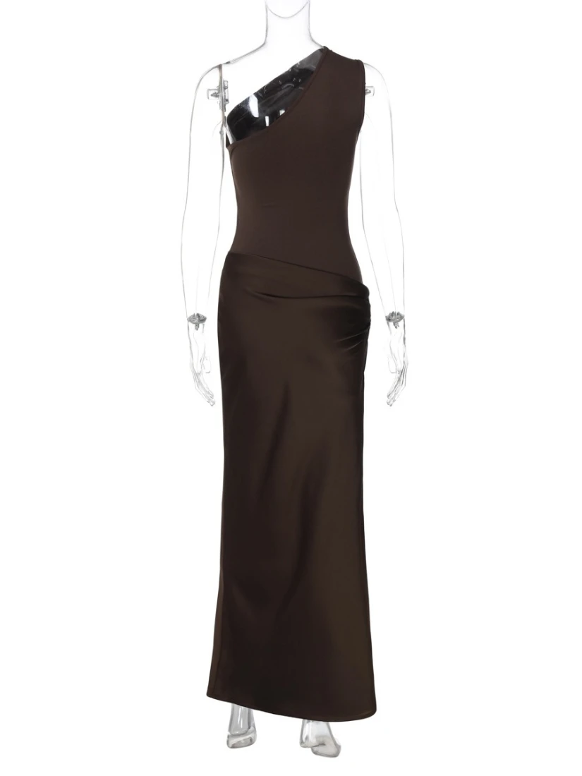 Stsss sexy um ombro sem mangas maxi vestido feminino verão moda gola diagonal cetim retalhos ruched magro festa vestido longo