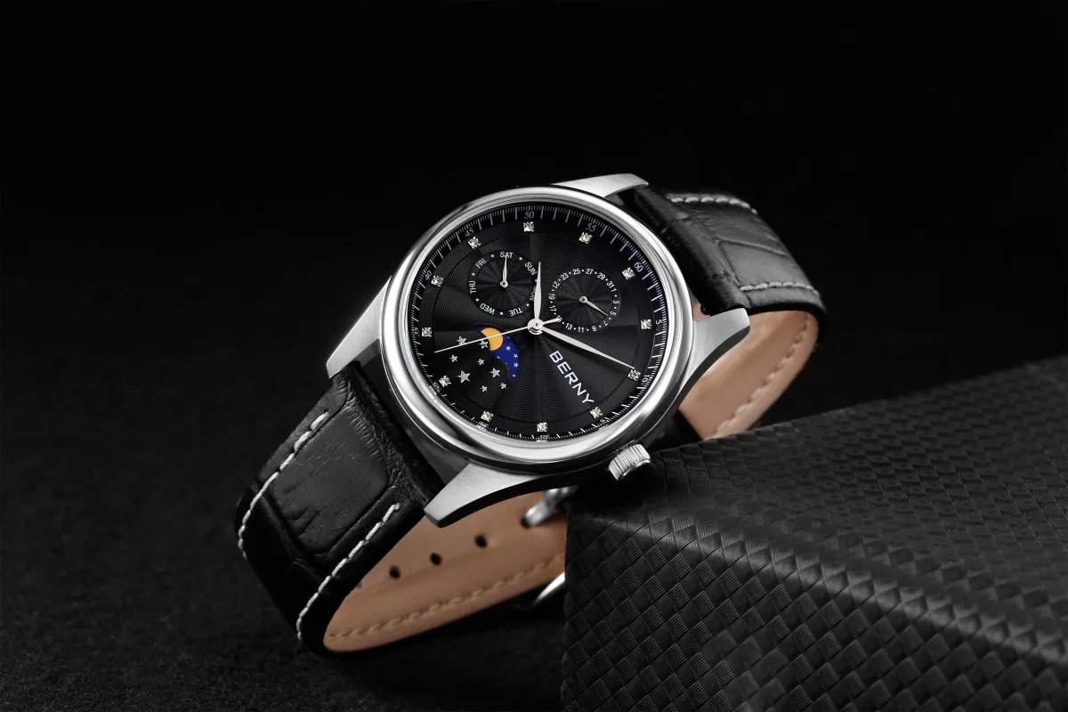 BERNY Damenuhren, Kalender, Datum, Woche, echte Mondphase, Quarz, Damenuhr, Lederarmband, elegante, lässige Damen- und Mädchen-Armbanduhr – Detail 12