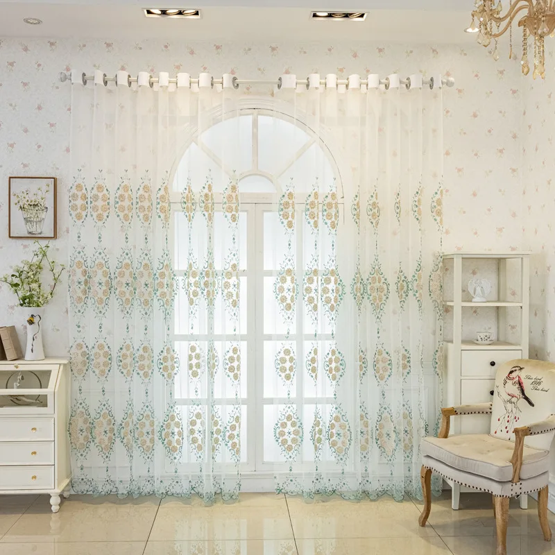 Transparent embroidered curtains blue American pastoral flowers living room gauze curtain living room bedroom semi-shading 2Pcs
